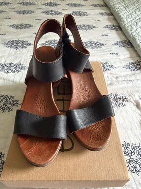 Womens Black Leather Wedge Sandals